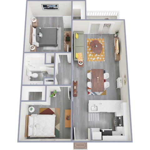 Floor plan for 2 beds, 1 bath, 876 sqft
